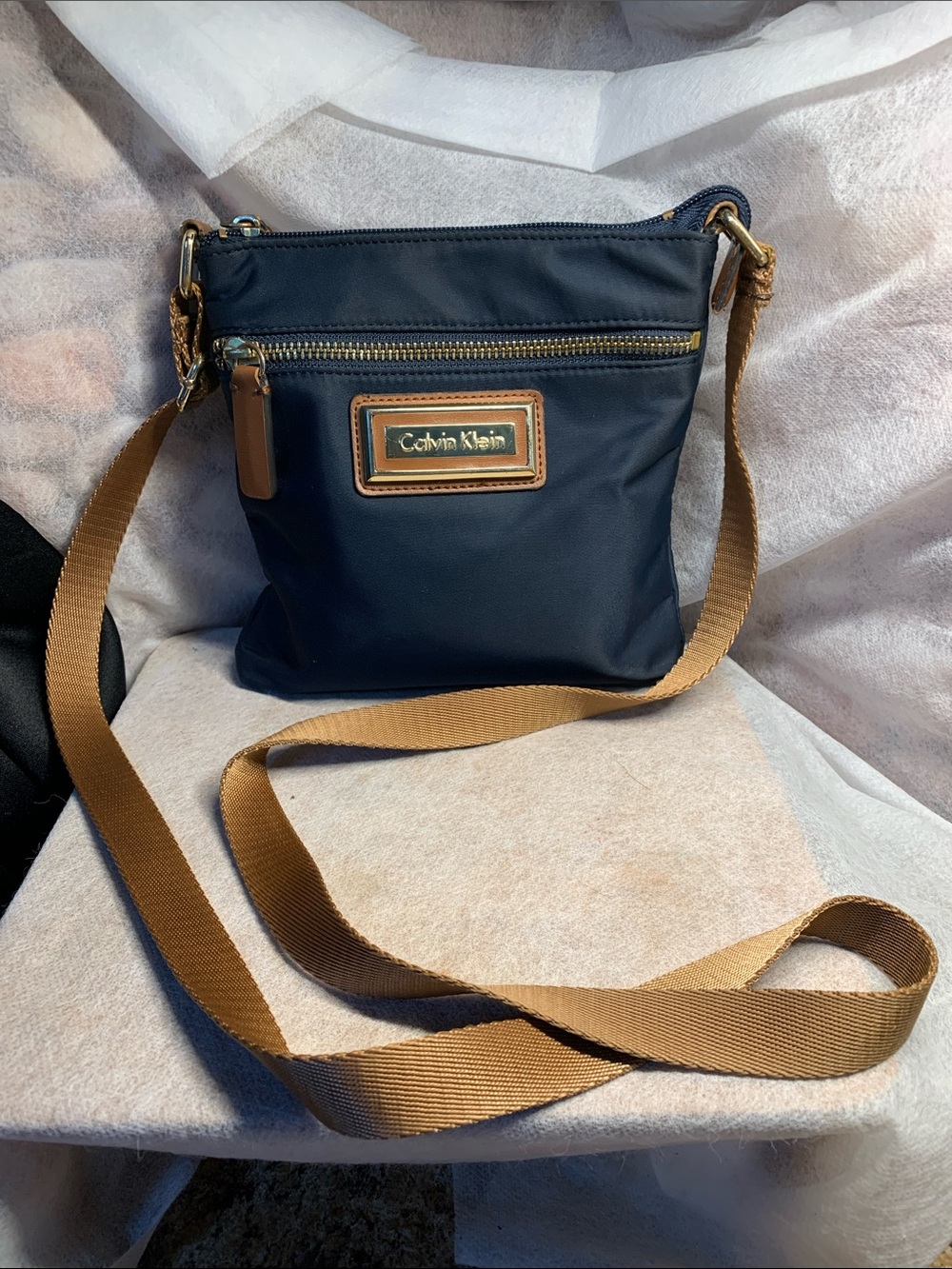 Calvin Klein Navy Nylon Mini  Crossbody with Tan Strap and Gold Accent